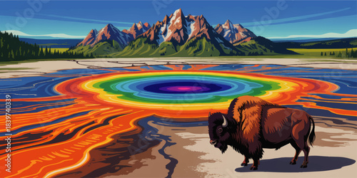 Colorful Yellowstone geothermal landscape with majestic bison, rainbow hot spring, mountain range and vibrant national park scenery