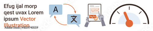 Translation tools, AI technology, digital accessibility, innovation, language services, performance. Language icons, text digital tablet and speedometer. Translation and AI technology concept