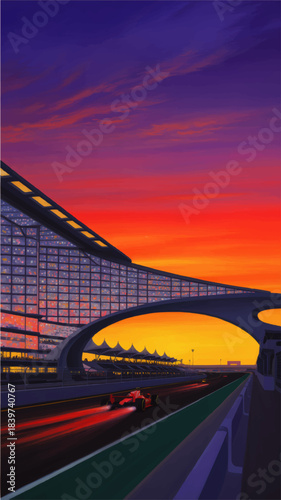 Futuristic night racing circuit with red formula car speeding under illuminated grandstand at vibrant sunset sky illustration