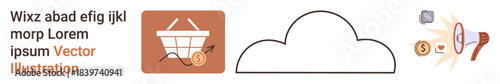 E-commerce, digital transactions, online shopping, cloud storage, advertising campaigns, financial technology. Shopping cart and a cloud with symbols of money and a megaphone. E-commerce and digital