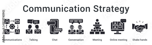 Communication strategy integrating talking and chat through meetings leading to agreements and partnerships. icon sheet multiple style collection