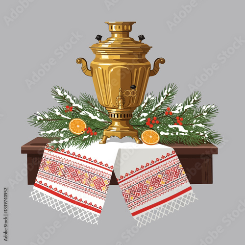 traditional samovar with festive holiday decorations and embroidered cloth on a wooden table
