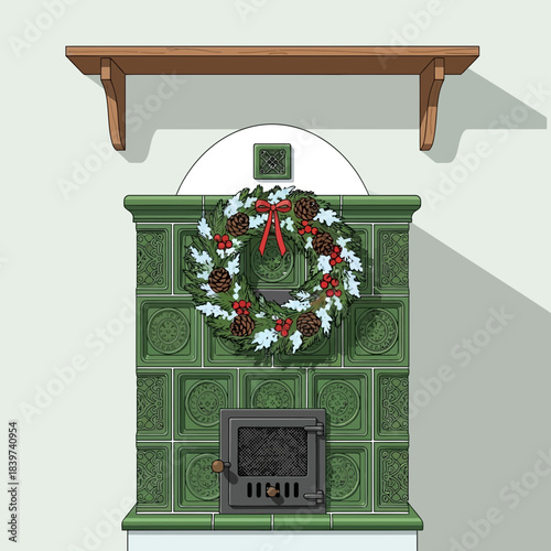 Victorian-style green tiled fireplace decorated with a festive holiday wreath in a cozy living