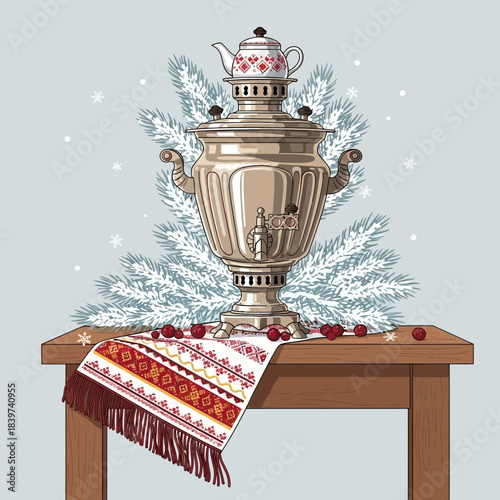 Vintage samovar with winter foliage and festive cloth on wooden table for holiday celebration