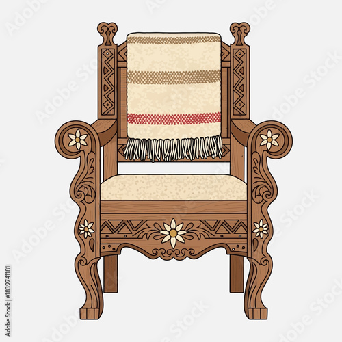 Decorative wooden armchair with floral carvings and woven fabric cushion for elegant interior design
