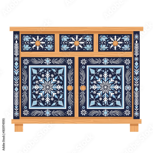 Decorative wooden cabinet with intricate blue and white floral snowflake patterns for a cozy