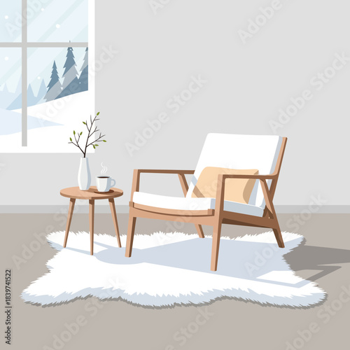 Minimalist Scandinavian Living Room Corner with Comfortable Armchair and Side Table