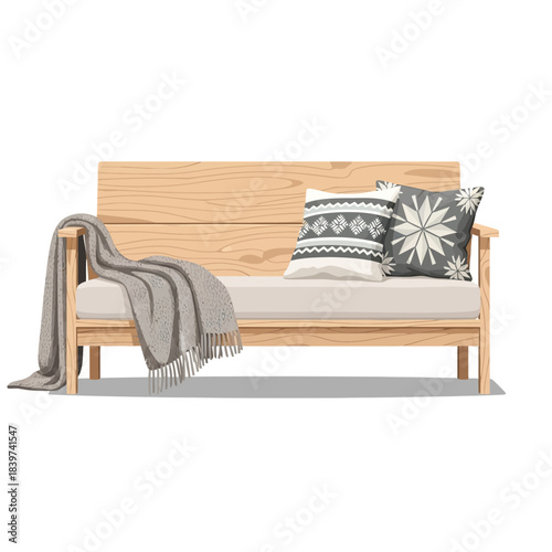 Minimalist wooden sofa with cozy pillows and soft blanket for modern living room design
