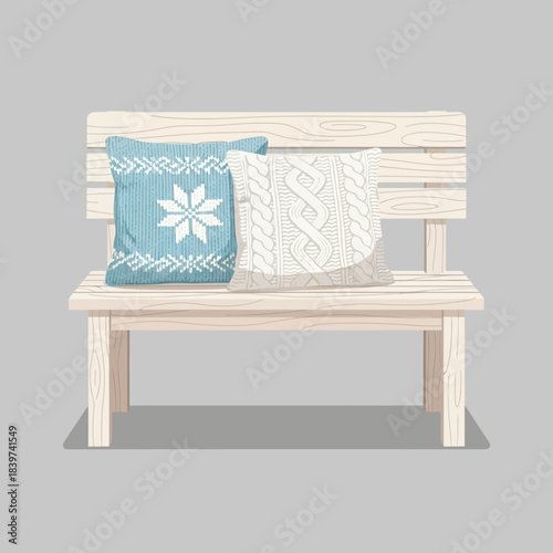 Minimalist wooden bench with cozy knitted cushions and modern decor collection