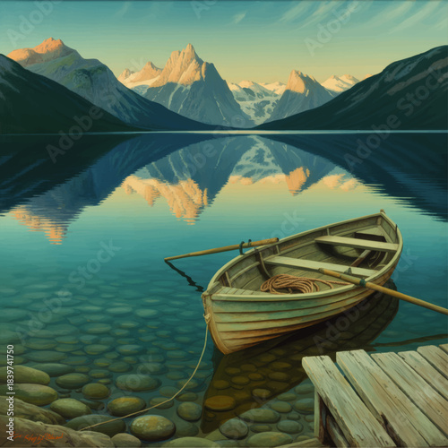 Tranquil mountain lake with wooden rowboat at pier, crystal clear turquoise water and snow peaks reflected at sunrise