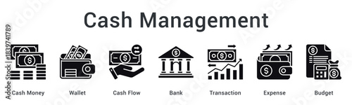 Cash management controlling money flow from wallet through bank transactions to expense budgeting efficiently.
