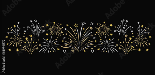 Festive golden and silver fireworks display across a dark background, celebration theme