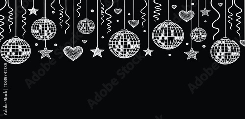 Joyful Party Event Illustration Featuring Doodle Style Hanging Decorations on a Black Background