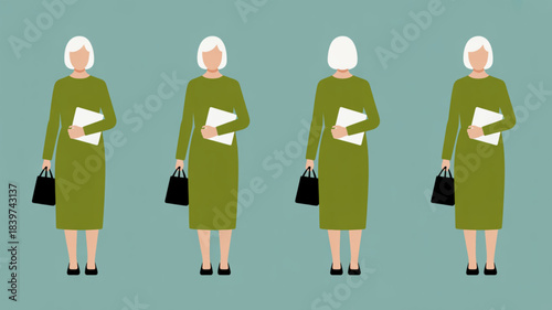 Four women in green dresses holding papers and purses