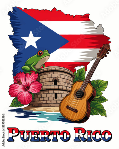 Puerto Rico travel illustration with flag map, El Morro fort, coqui frog, tropical hibiscus flower and guitar, Caribbean tourism art