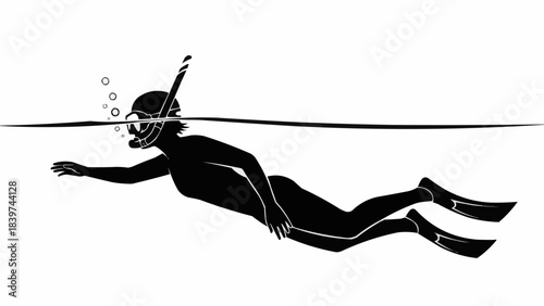 Black and white silhouette of a person snorkeling underwater.
