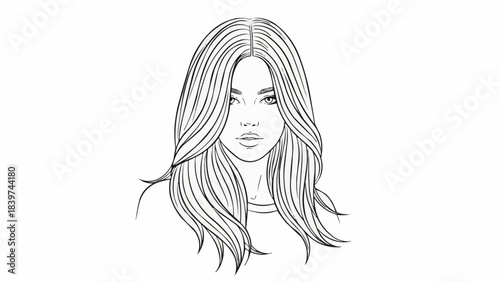 Elegant Woman with Flowing Hair - A Detailed Line Art Portrait.