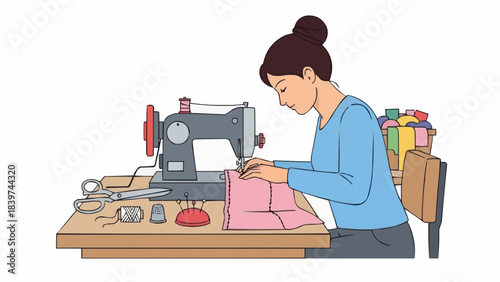 Woman sewing with a sewing machine at a table with various sewing tools.