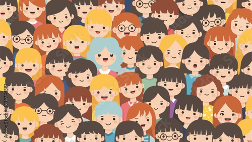 Diverse group of cartoon children faces smiling in a crowd.