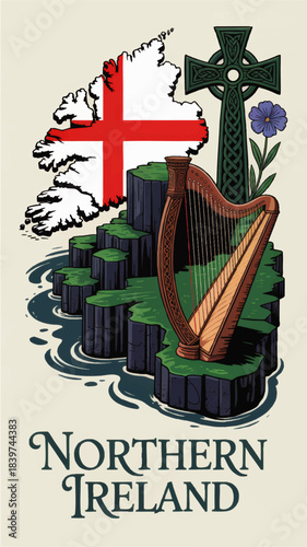 Northern Ireland illustration with map flag, Celtic cross, harp and Giant’s Causeway coastal landscape vintage travel poster