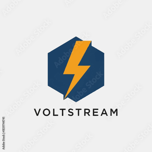 Free Download Voltstream logo featuring a yellow lightning bolt inside a dark blue hexagon on a light gray background. - GFXLoad
