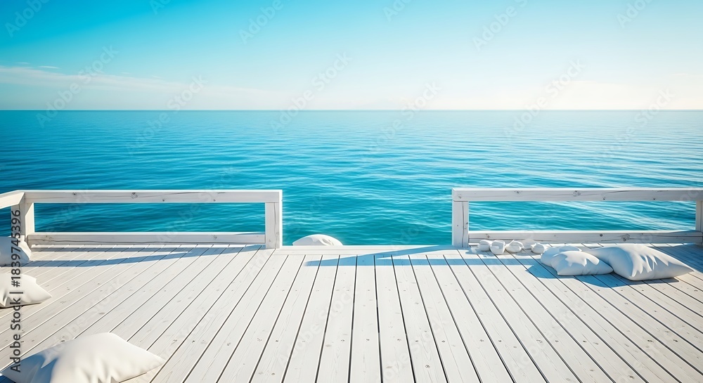 Fototapeta premium A serene white wooden pier extends over a vast expanse of turquoise water, with soft white cushions resting on the deck, capturing a tranquil seaside scene.