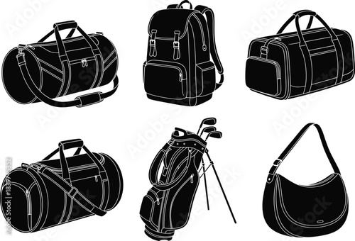 Detailed vector illustration collection featuring duffel bags, backpack, golf bag, and shoulder bag with clean outlines, modern design elements, and versatile travel lifestyle appeal