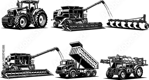 Detailed vector illustration of modern agricultural machinery including tractor, combine harvester, grain transport, plow equipment, dump truck, 