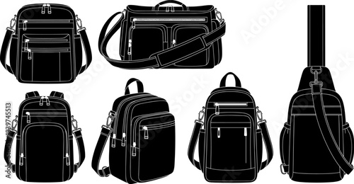 Detailed vector illustration set showcasing modern backpacks and shoulder bags with multiple compartments, zippers, and straps for versatile travel, fashion, and everyday use