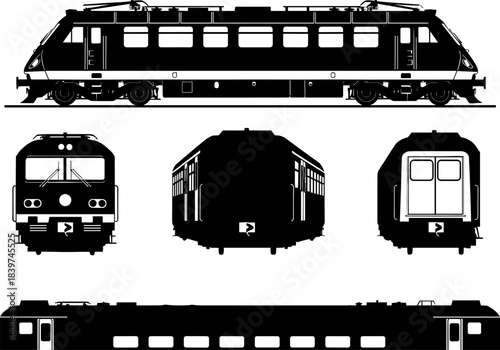 Detailed vector silhouette set of an electric train locomotive and a carriage, showing multiple technical views: side profile, front, and rear perspective, ideal for transport design.