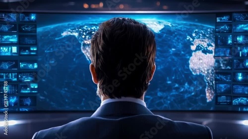 Global strategy control room data network world map business leader surveillance technology cyber intelligence monitoring with global map control