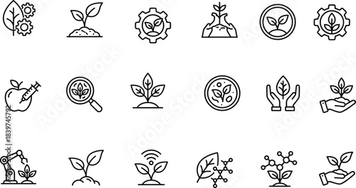 Agriculture Biotechnology Science Icons Set Plant Growth Genetic Engineering Farming Robotic Automation Research Seedling Hand Gear Outline Vector