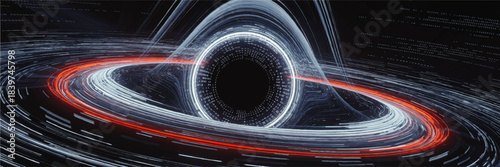 Futuristic black hole vortex with glowing data streams and red light trails, abstract sci fi space energy background illustration