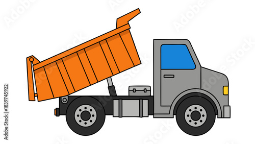Gray Dump Truck with Orange Bed Tilted Upward Illustrating Construction and Transportation Elements in a Clean Vector Graphic Style
