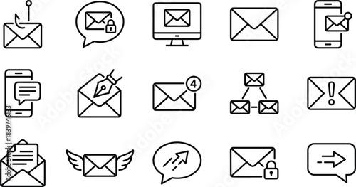 Email Communication Messaging Icons Set Digital Correspondence Spam Security Phishing Mail Envelope Inbox Send Receive Mobile Laptop Outline Vector