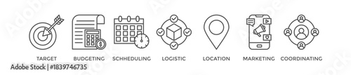 Event management banner web icon vector illustration concept with icon of target, budgeting, scheduling, logistics, location, marketing, and coordination