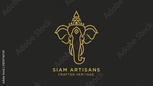 Elegant golden line art illustration of an elephant head with traditional Thai or Indian crown, representing Siam Artisans and crafted heritage on a dark background.