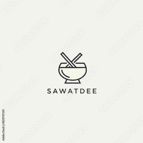 Minimalist line art logo of a bowl with crossed chopsticks and 'SAWATDEE' text below, on a light background.