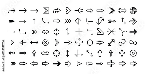 Set of various simple black and white outline and filled arrow icons collection