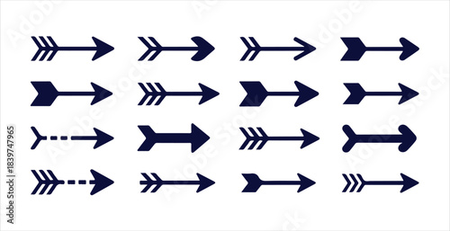 Collection of stylized dark blue tribal or feathered arrows pointing right in rows