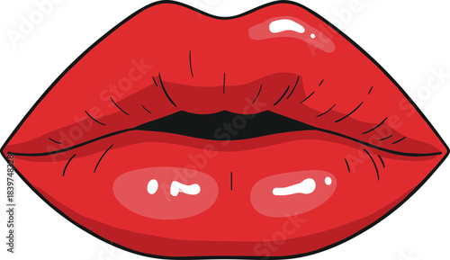 Cartoon Style Glossy Red Lips Illustration with Bold Black Outline for Beauty