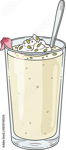 Detailed Handdrawn Tasty Lassi Drink with Pistachios and Rose Petal Illustration