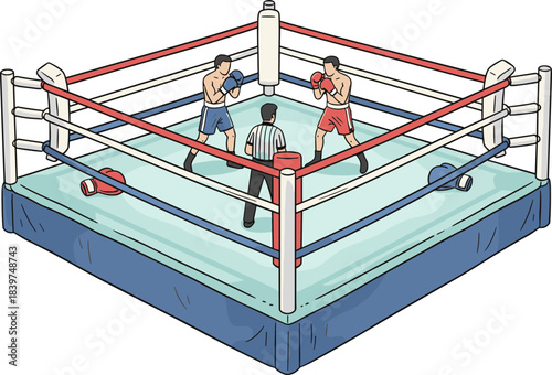 Isometric Cartoon Boxing Ring with Boxer, Referee and Gloves Illustration