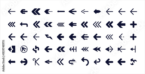 Large array of dark blue leftward moving arrows showcasing different styles and directional indicators