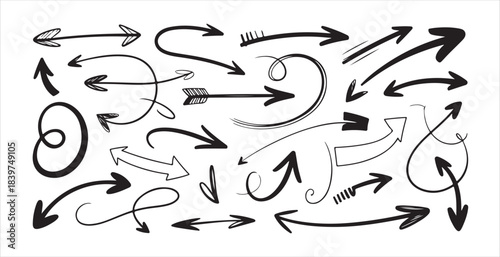 Group of hand drawn arrow shapes suggesting direction movement and navigation on plain white