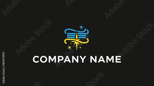 A stylized blue and yellow rocket or tower logo with swirling lines and sparkling stars on a dark background, featuring "COMPANY NAME" text.