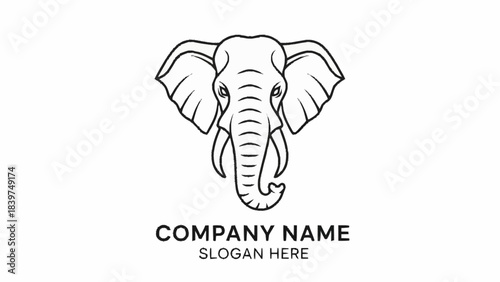 A minimalist black and white line art illustration of an elephant head with tusks, suitable for a company logo or branding.