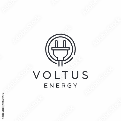 A minimalist line art logo for Voltus Energy, featuring an electrical plug icon within a circular design, symbolizing power and electricity.