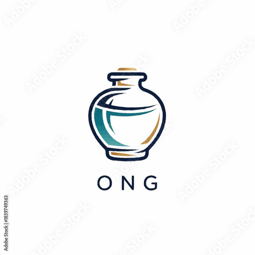 Stylized illustration of a classic jar or urn with a stopper, featuring blue and gold accents, above the text ONG.