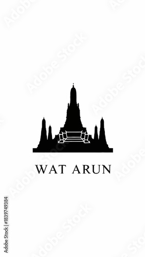 Minimalist black silhouette illustration of Wat Arun Ratchawararam Ratchawaramahawihan temple in Bangkok, Thailand, on a clean white background, with the name 'WAT ARUN' text below.